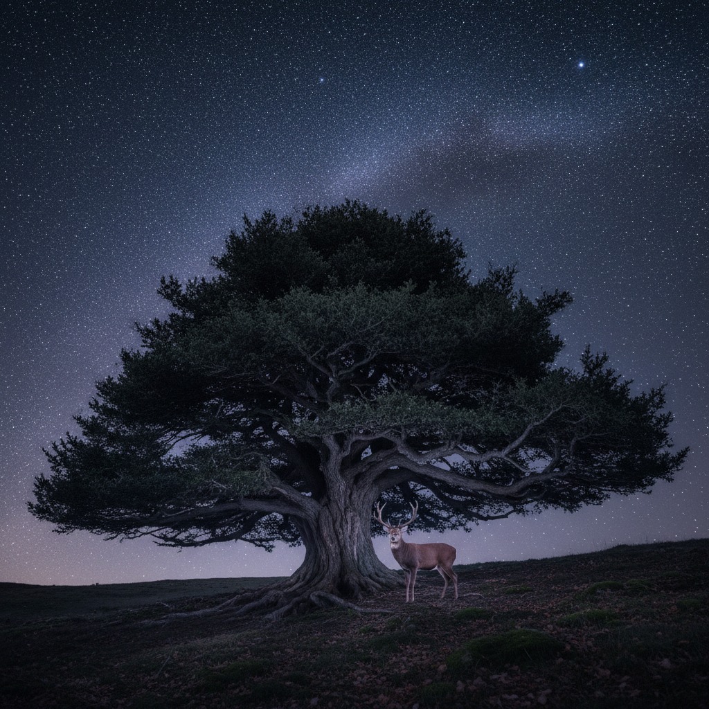 A red deer stands beneath a massive, sprawling tree against a night sky filled with countless stars.